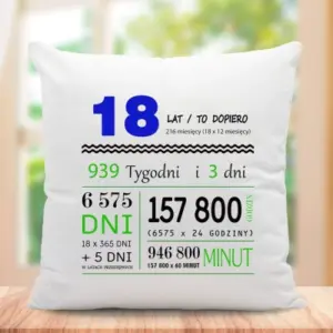 Poduszka na 18 urodziny z liczbą przespanego czasu