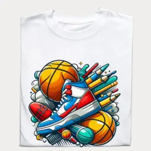 Koszulka z kolorową grafiką piłki i sportowego buta | Sportowy styl