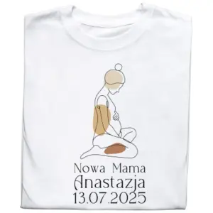 Koszulka z nadrukiem – Dla mamy z napisem "Nowa Mama", imieniem i datą