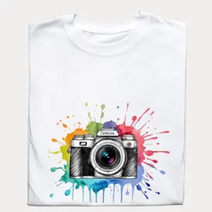 Koszulka z grafiką aparatu na kolorowym tle
