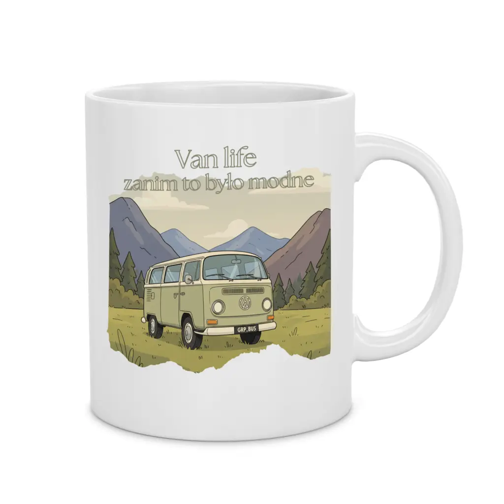 Kubek z Grafiką VW T2 Ogórek Van Life – retro prezent dla fana