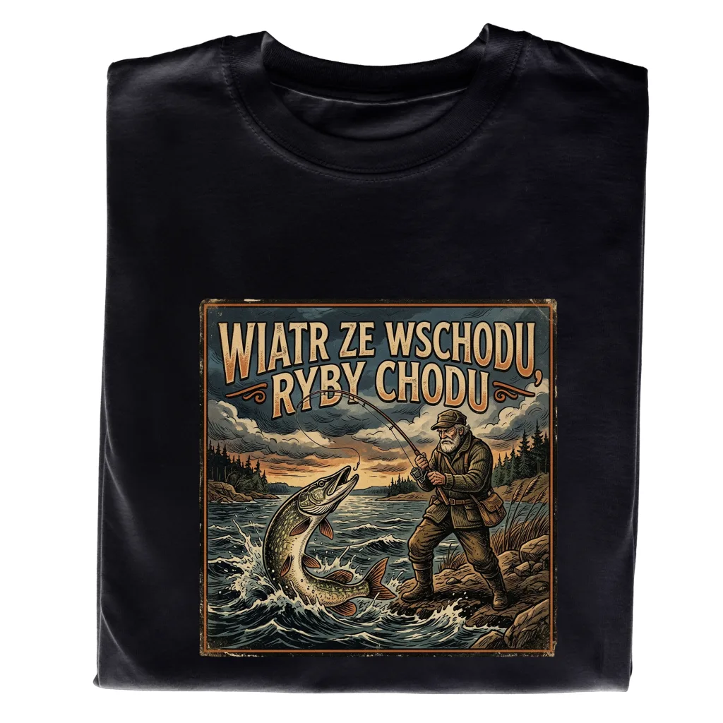 Koszulka Wędkarska „Wiatr ze Wschodu, Ryby Chodu” – Śmieszny Prezent dla Wędkarza