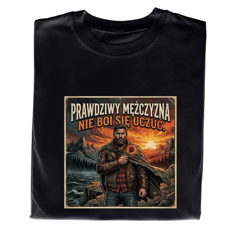 Koszulka z Nadrukiem „Prawdziwy Mężczyzna Nie Boi Się Uczuć” – Oryginalny Prezent dla Niego