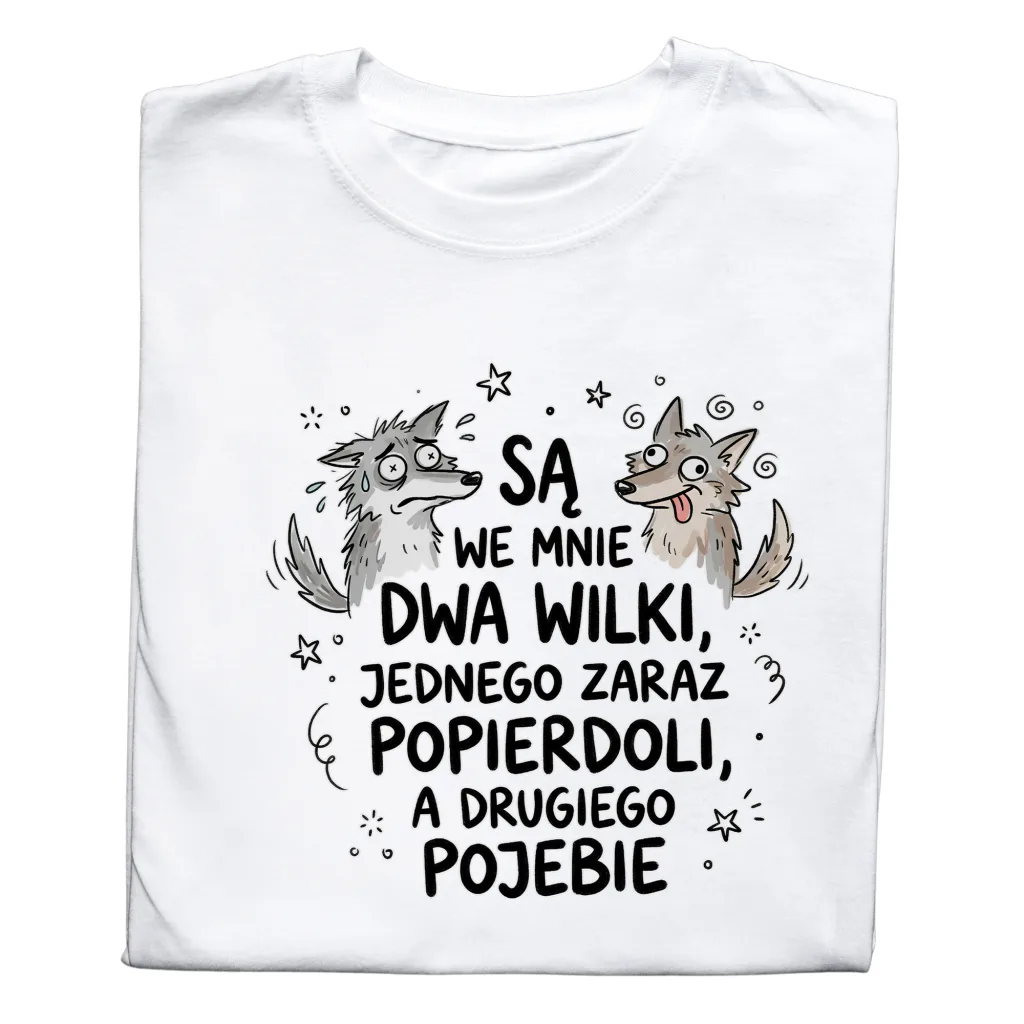 Koszulka z Nadrukiem „Są We Mnie Dwa Wilki” – Śmieszna Koszulka Meme