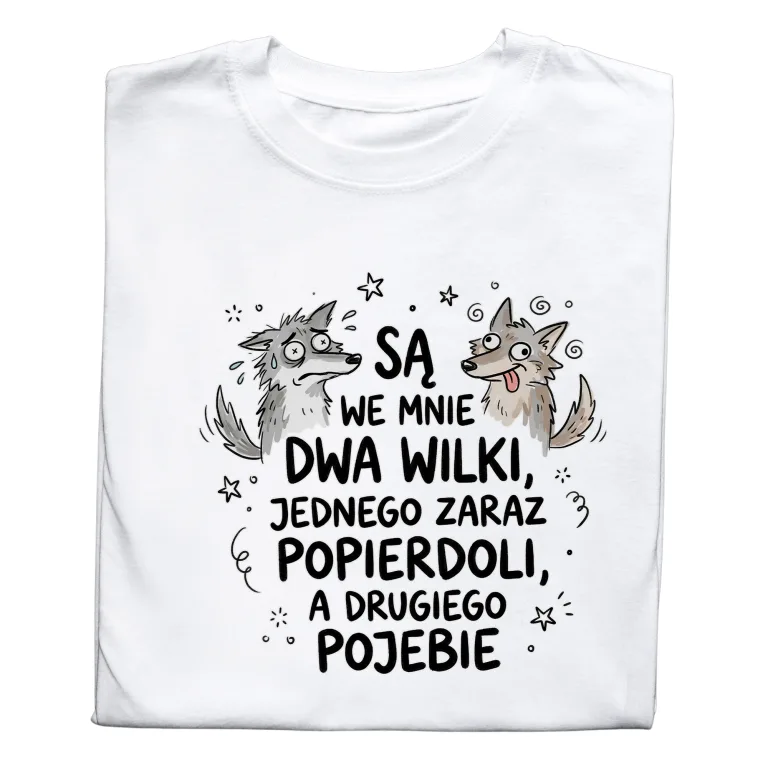 Koszulka z Nadrukiem „Są We Mnie Dwa Wilki” – Śmieszna Koszulka Meme
