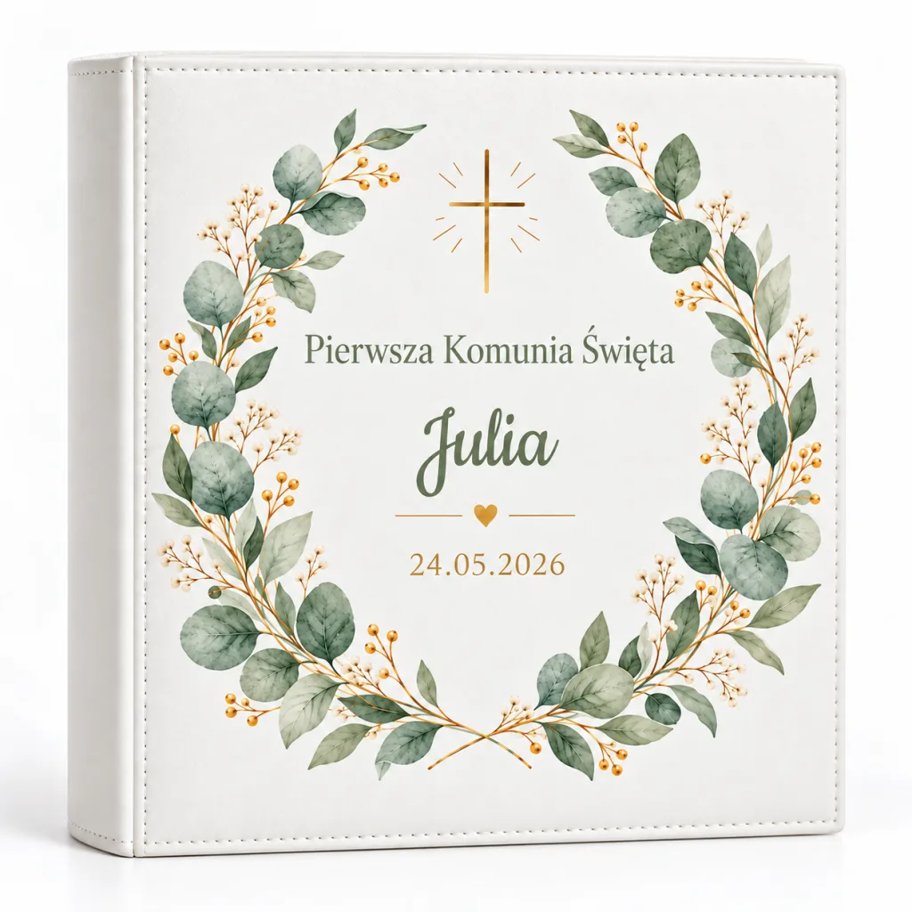 Album na Komunię z Imieniem i Datą — Eukaliptus i Krzyż