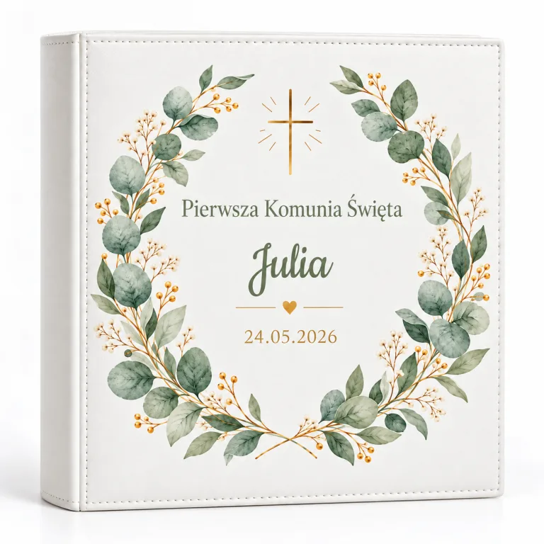 Album na Komunię z Imieniem i Datą — Eukaliptus i Krzyż