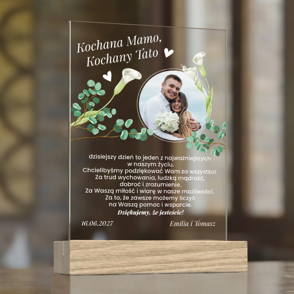Statuetka ze Szkła Akrylowego – Podziękowanie dla Rodziców ze Zdjęciem