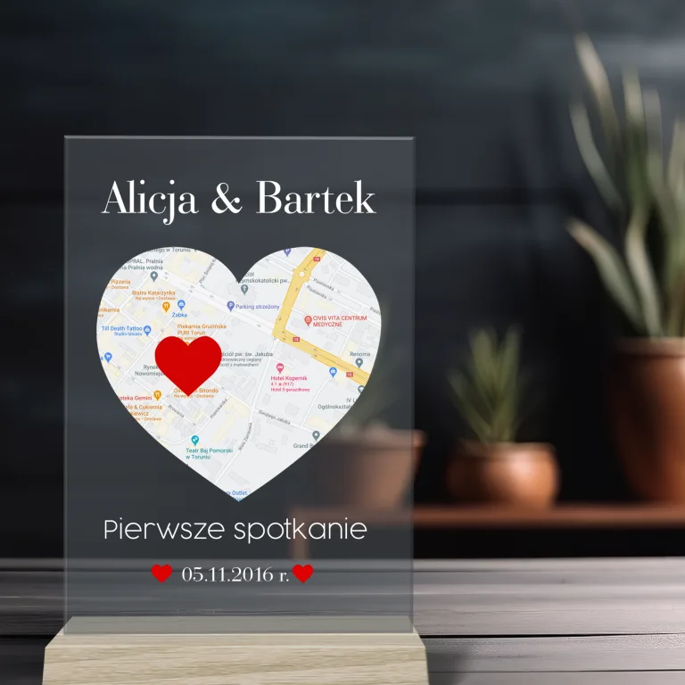 Personalizowana Statuetka dla Pary z Mapą Serca – Pierwsze Spotkanie, Imiona i Data